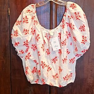 H&M WOMENS LINEN BLEND PEASANT CROP TOP BLOUSE NWT XL